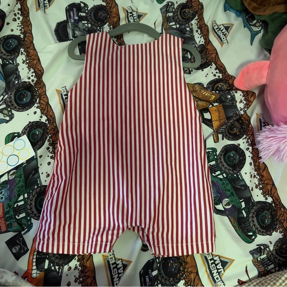 Striped Red and White Kids Romper with Lobster Embroidery - Picture 3 of 3